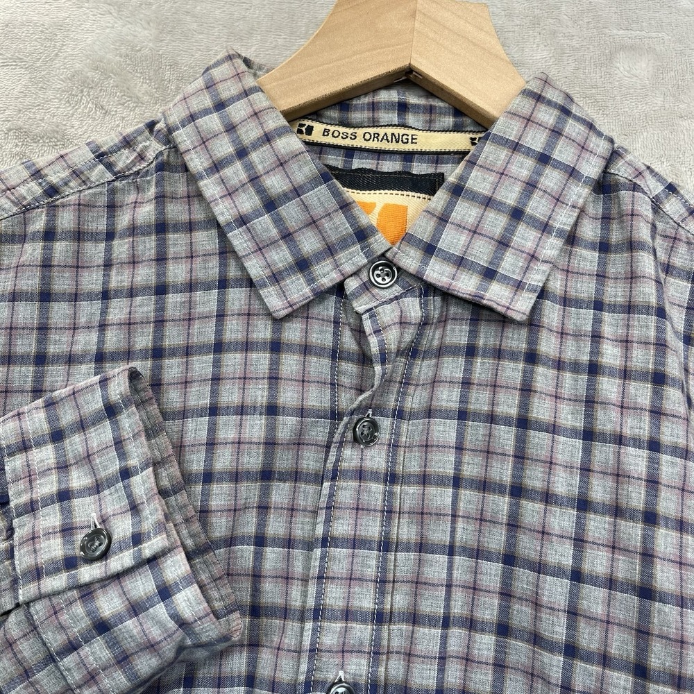 HUGO BOSS ORANGE Shirt L Plaid Long Sleeve Button Down